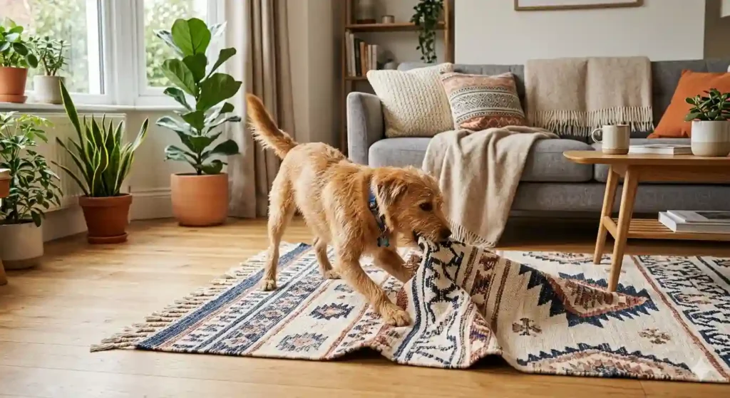 dog playing with rug