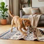 dog playing with rug