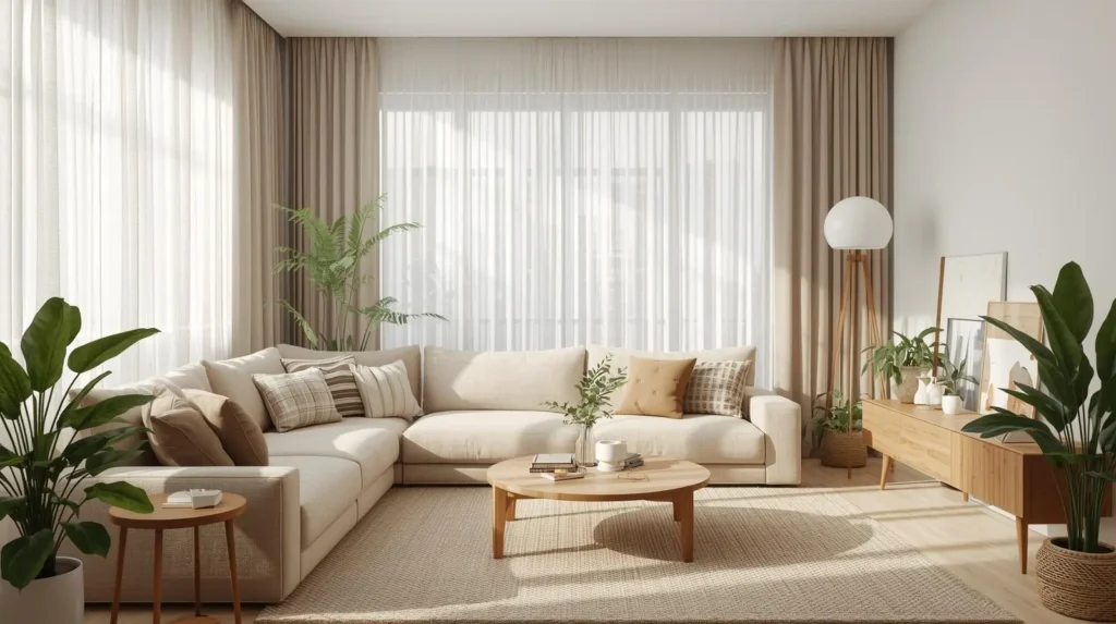 Before and after modern haven home makeover, decluttered neutral living room, fresh paint in warm tones, simple decor upgrades, cozy textiles, improved lighting, realistic home transformation photography