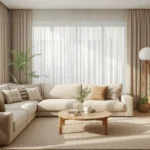Before and after modern haven home makeover, decluttered neutral living room, fresh paint in warm tones, simple decor upgrades, cozy textiles, improved lighting, realistic home transformation photography