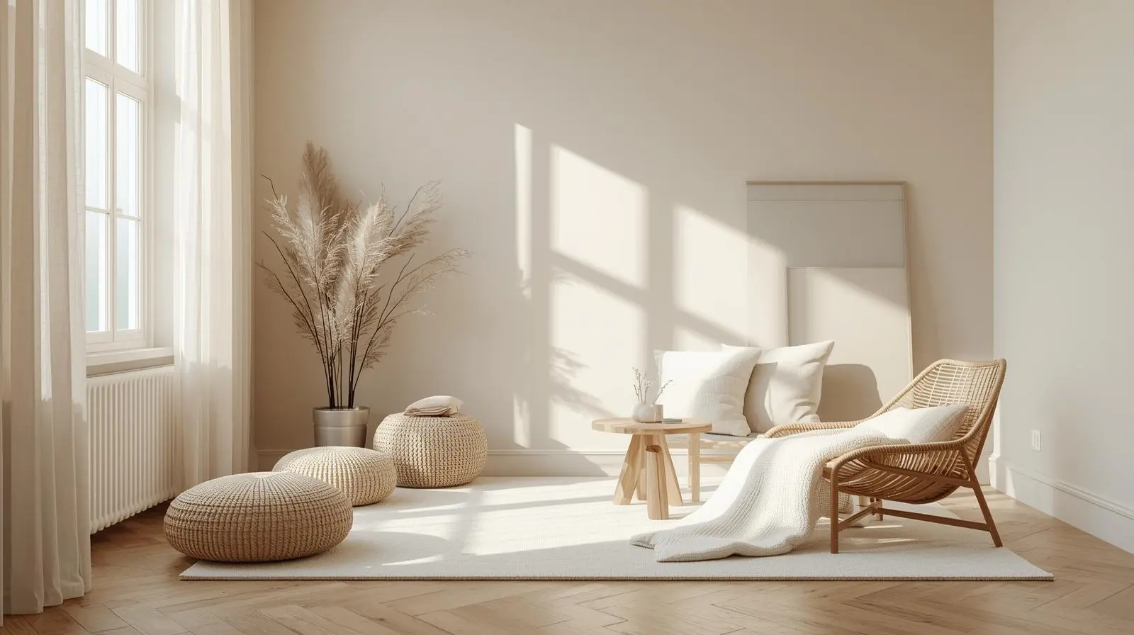 Modern haven interior with warm neutral color palette and soft layered textures