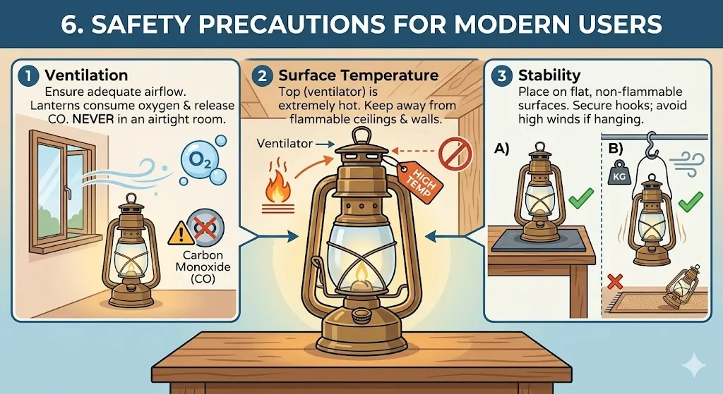 An educational infographic illustrating safety precautions for modern users of a traditional oil lantern, featuring three labeled sections with icons: 1. Ventilation, 2. Surface Temperature, and 3. Stability.