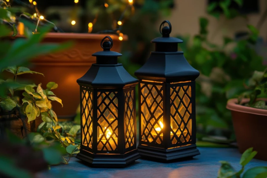 Solar outdoor lanterns in a garden setting, eco-friendly solar-powered lighting for patios, pathways, and backyard illumination