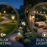 showing solar-powered garden lantern with panel and wired electric wall-mounted lantern for patio lighting