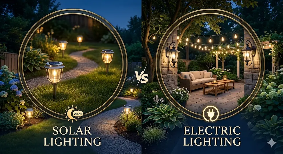 showing solar-powered garden lantern with panel and wired electric wall-mounted lantern for patio lighting