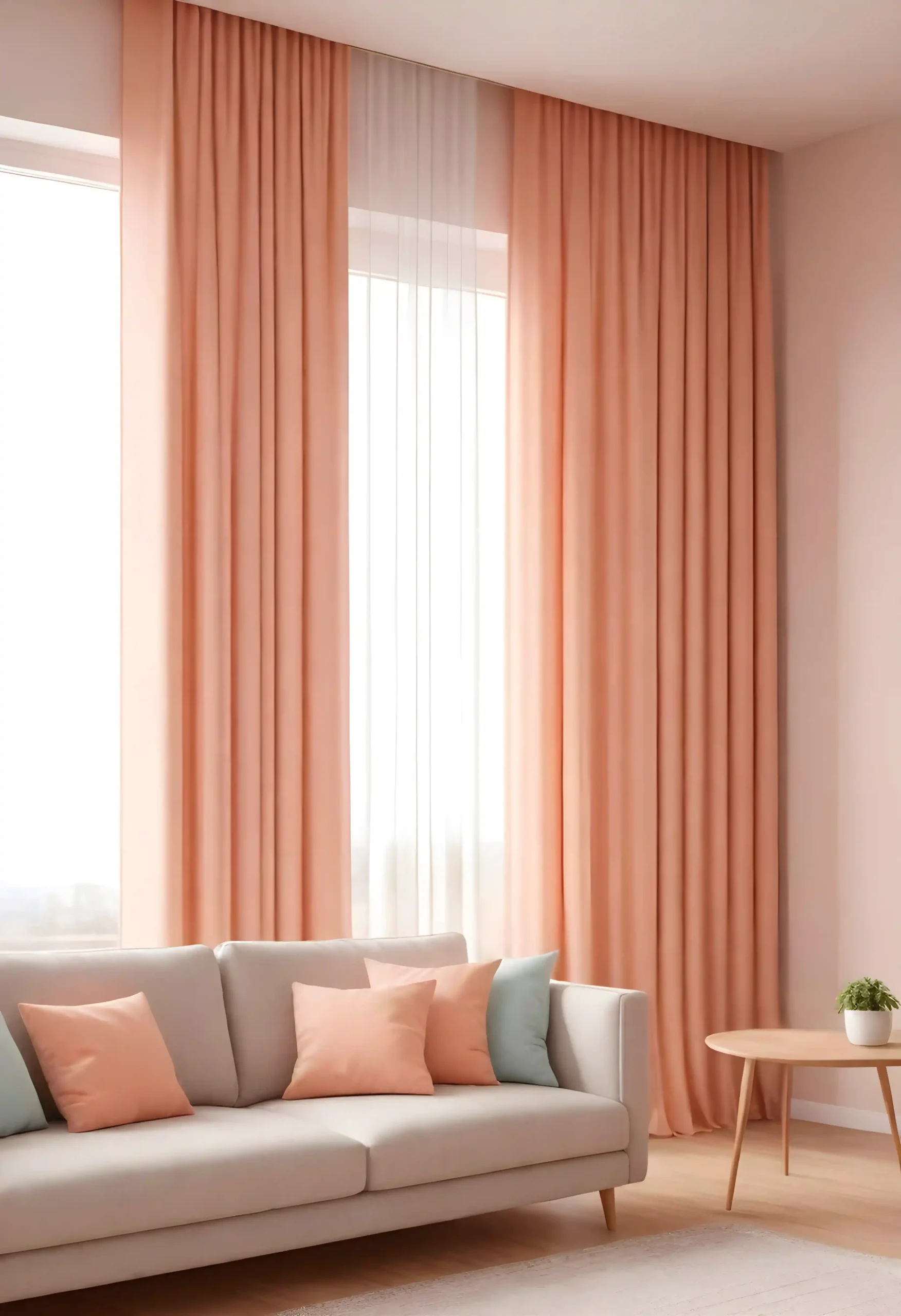 Long curtains touching the floor in a stylish bedroom interior