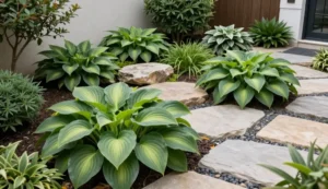 garden design ideas with hostas in a modern shaded backyard
