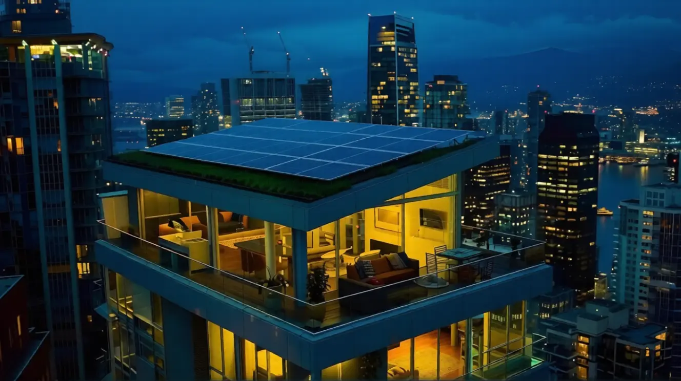 Modern luxury penthouse featuring a rooftop solar panel installation and green roof system overlooking a glowing city skyline at night, illustrating the benefits of solar energy for residential and commercial urban buildings.
