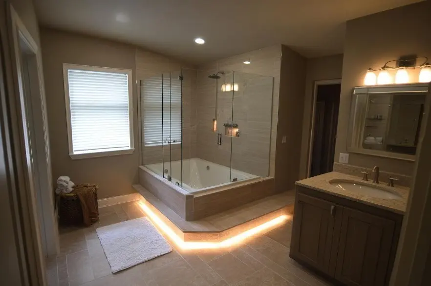 A contemporary bathroom design featuring layered lighting for clarity and accuracy, including a bright vanity light fixture over the mirror, recessed ceiling lights, and warm LED toe-kick lighting beneath the bathtub. This setup illustrates a Guide to Bathroom Lighting, showing how to combine functional task lighting with ambient accents for a safe and aesthetically pleasing space.