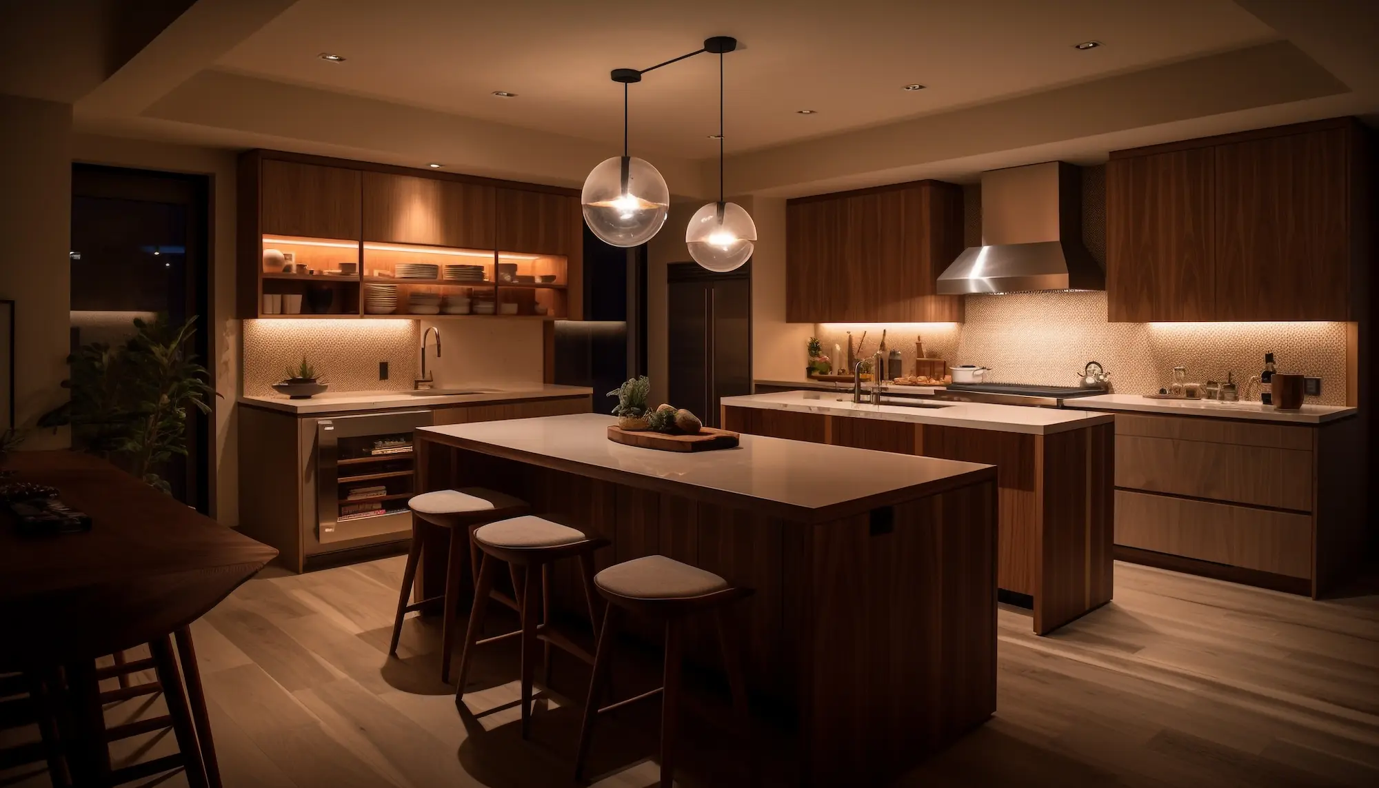 A modern wood-paneled kitchen at night featuring layered lighting solutions. Ambient overhead spotlights, functional task lighting under cabinets, and two large globe pendant lights above the central island create a warm and beautifully lit atmosphere, demonstrating how to achieve a perfectly lit space through strategic light layering.