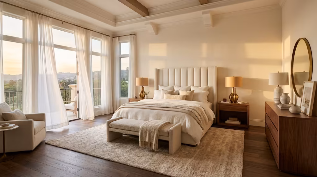 Luxurious master bedroom with tufted upholstered headboard, brass lamps, layered linen bedding, wooden dresser, and warm natural light the ultimate master bedroom furniture ideas inspiration
