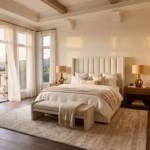 Luxurious master bedroom with tufted upholstered headboard, brass lamps, layered linen bedding, wooden dresser, and warm natural light the ultimate master bedroom furniture ideas inspiration