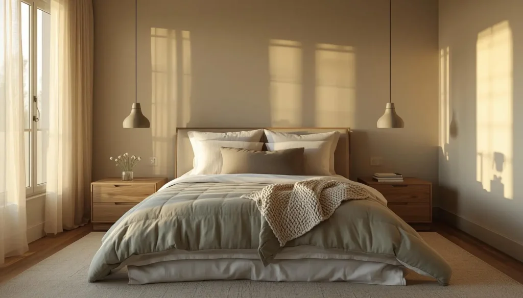 Sunlit bedroom with neutral bedding and warm morning light.