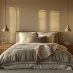 Sunlit bedroom with neutral bedding and warm morning light.