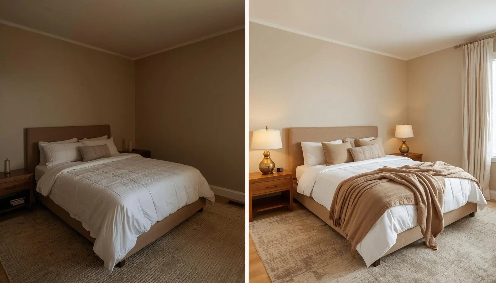 Split bedroom before and after—bare, harsh lighting on the left; warm, layered, and cozy on the right.