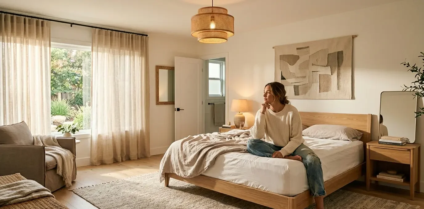 Woman on an unmade bed, thoughtfully looking around a neutral, softly lit bedroom.
