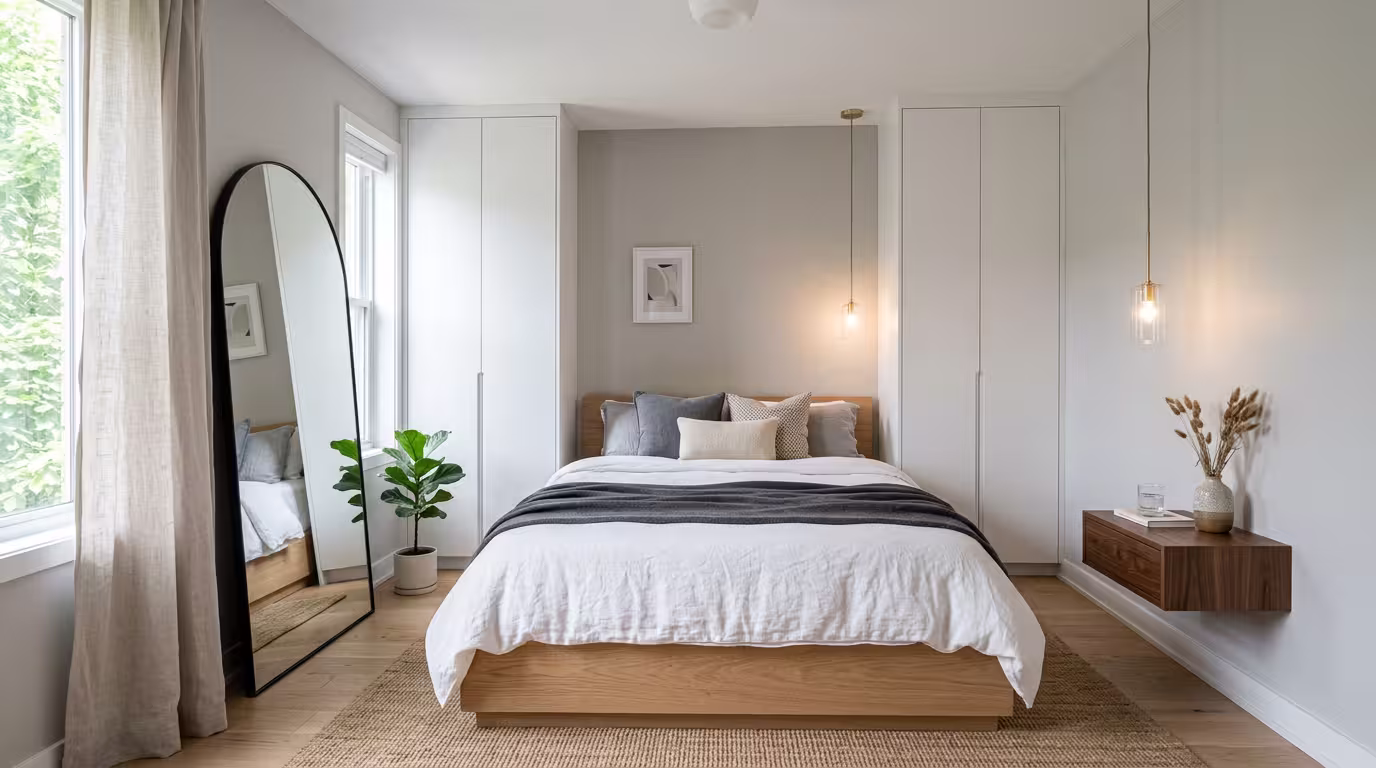Small master bedroom with platform bed, built-in wardrobes, and floating nightstand maximizing space without sacrificing style