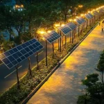 Sustainable urban solar street lights with photovoltaic panels and warm LED lanterns illuminating a modern pedestrian stone walkway at dusk in a green city park.