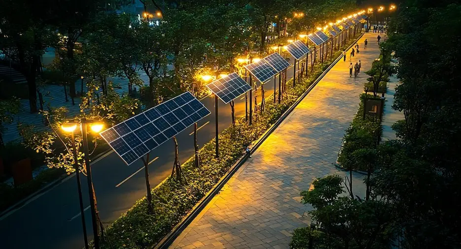 Sustainable urban solar street lights with photovoltaic panels and warm LED lanterns illuminating a modern pedestrian stone walkway at dusk in a green city park.