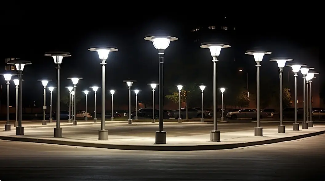 Commercial solar motion sensor lights providing bright LED security lighting for an outdoor parking lot at night.