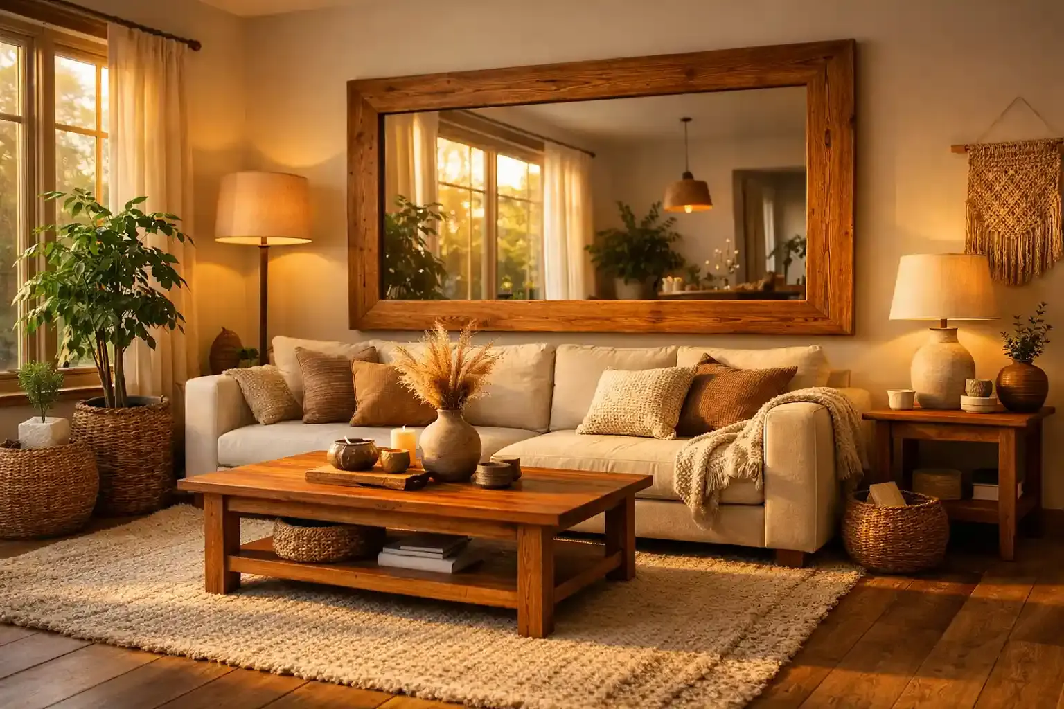 The Wood Lounge Wall Mirror in the living room