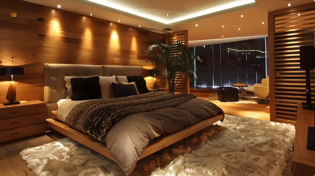 A luxurious master bedroom featuring layered warm lighting, including recessed ceiling lights, cove lighting, and bedside lamps. The room showcases a wooden accent wall, a plush shag rug, and a modern bed, perfectly illustrating a Bedroom Lighting Guide: Make a Perfect Atmosphere through the use of optimal lumens and warm color temperatures.