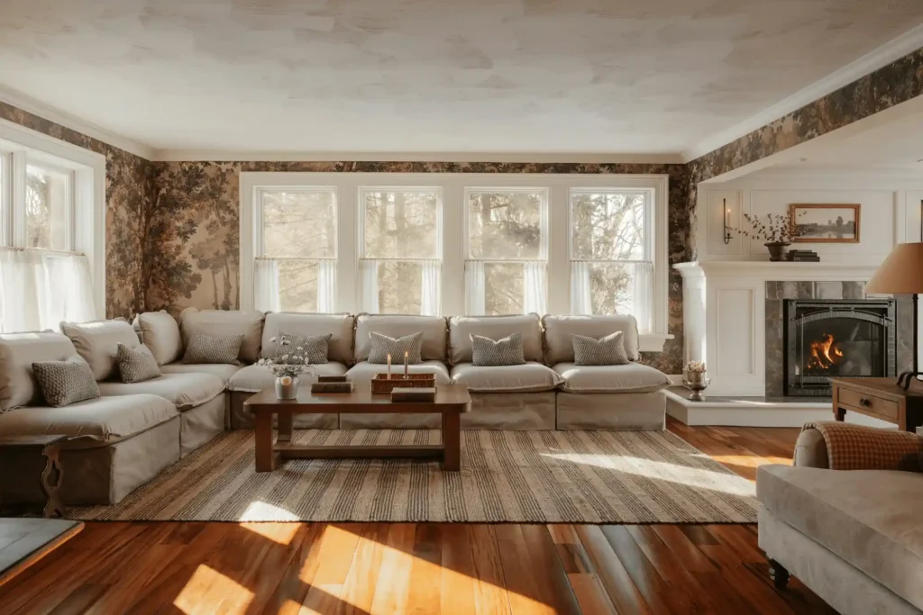 cork flooring in a modern living room with warm natural tones