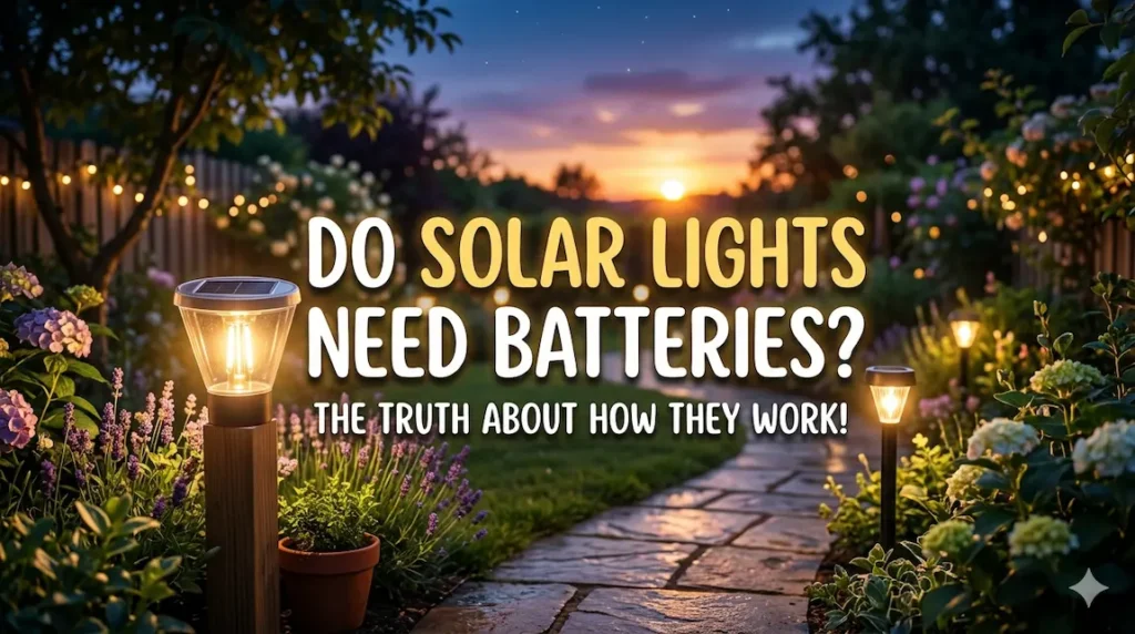 Modern LED solar garden lights illuminating a stone path at sunset, highlighting the internal battery and solar panel components.