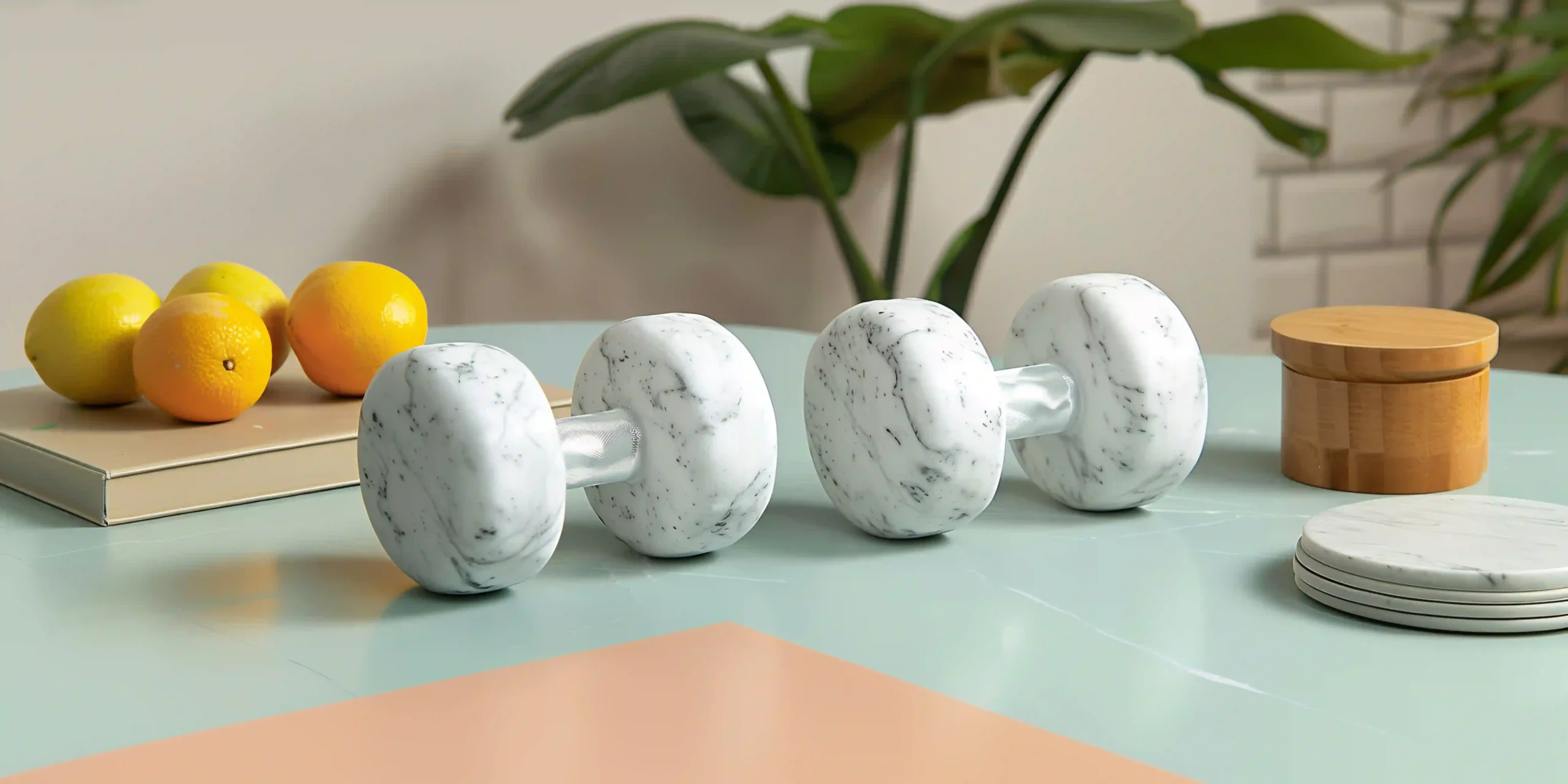 A clean and inspiring home gym setup featuring essential DIY fitness accessories arranged neatly in a cozy corner of a room. The space includes a pair of dumbbells resting on a rubber mat, a rolled-up yoga mat leaning against the wall, and colorful resistance bands hanging from a simple wall hook