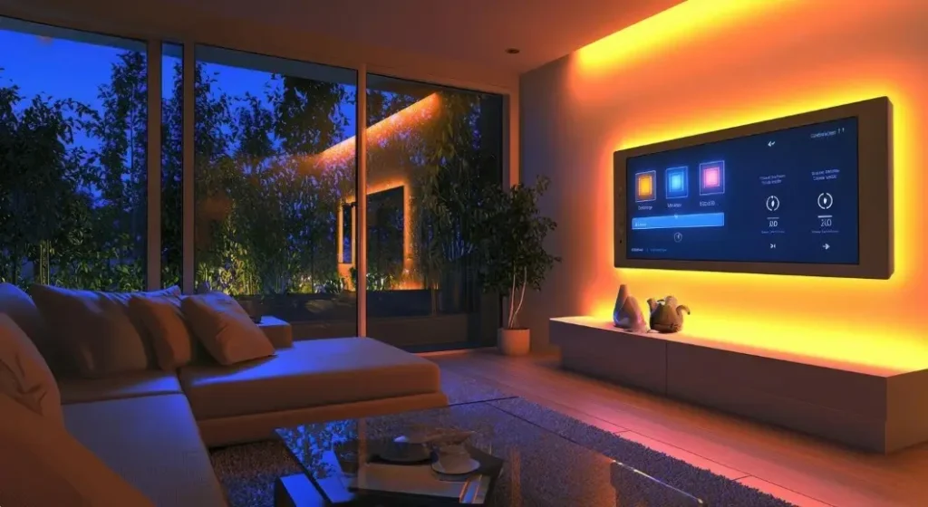 A modern living room at dusk with a large sofa, coffee table, and large windows looking out onto plants. Integrated, color-changing LED strip lights are mounted on the wall and furniture, with a wall-mounted smart display showing lighting controls. This image illustrates a key concept from the Interactive Home Lighting Guide: Room-by-Room Lumens, Watts & Color Temperature.
