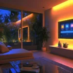 A modern living room at dusk with a large sofa, coffee table, and large windows looking out onto plants. Integrated, color-changing LED strip lights are mounted on the wall and furniture, with a wall-mounted smart display showing lighting controls. This image illustrates a key concept from the Interactive Home Lighting Guide: Room-by-Room Lumens, Watts & Color Temperature.