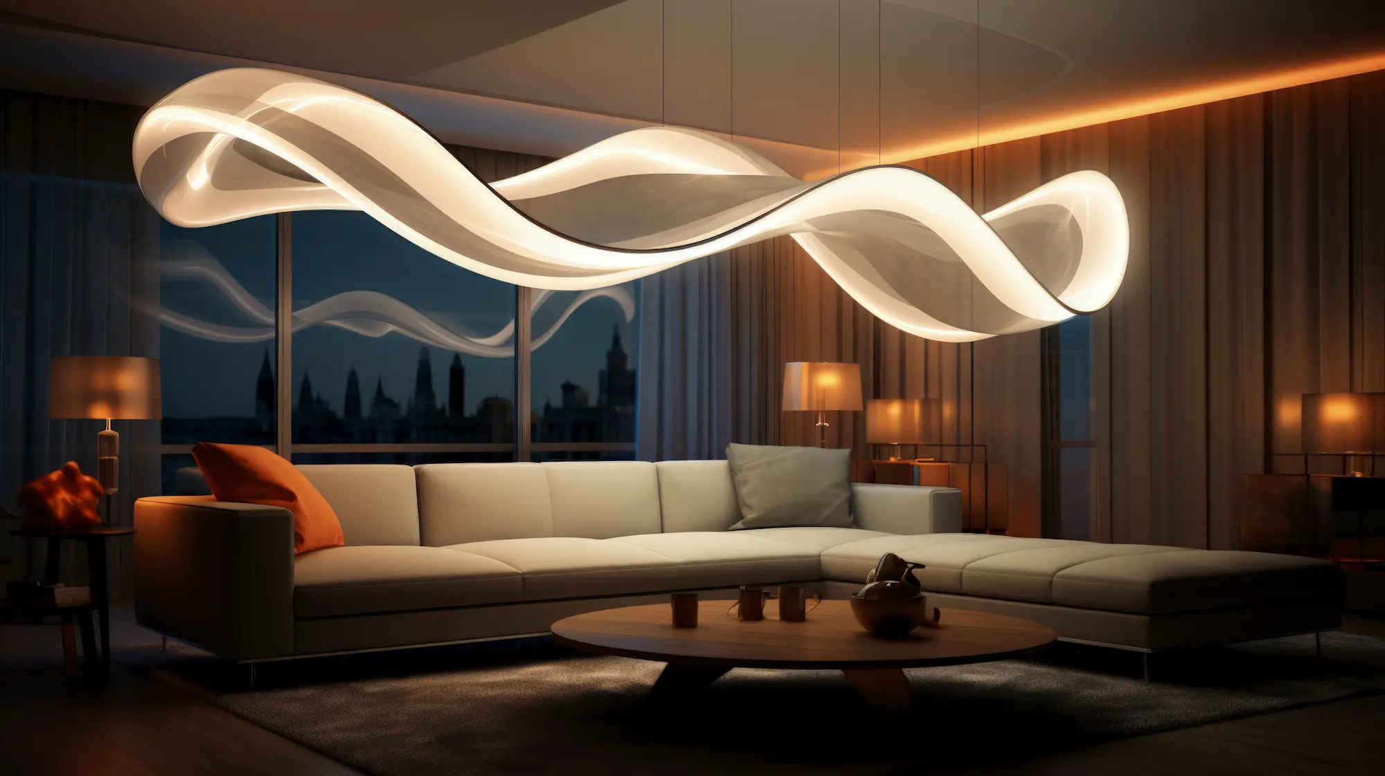 A modern living room featuring a large, artistic wave-shaped pendant light as a centerpiece above a white sectional sofa. The room uses layered lighting with warm ambient lamps and large windows overlooking a city skyline at night. This visual serves as a Living Room Lighting Guide to demonstrating how to combine statement fixtures with functional lumens for a stylish atmosphere.