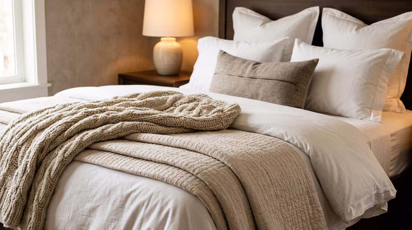 Close-up of layered master bedroom bedding showing textures and fabrics