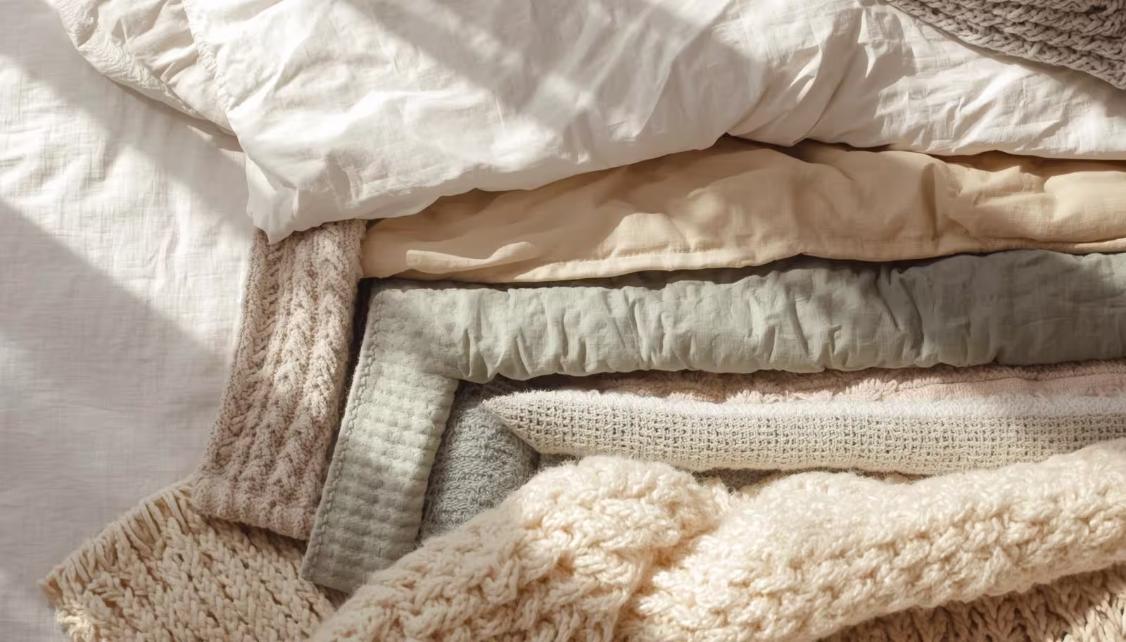 Overhead flat lay of layered neutral bedding showcasing rich fabric textures and warm light.