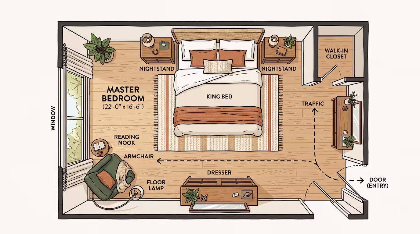 Master bedroom furniture layout with centered bed, symmetrical nightstands, and reading nook corner showing smart decorating ideas