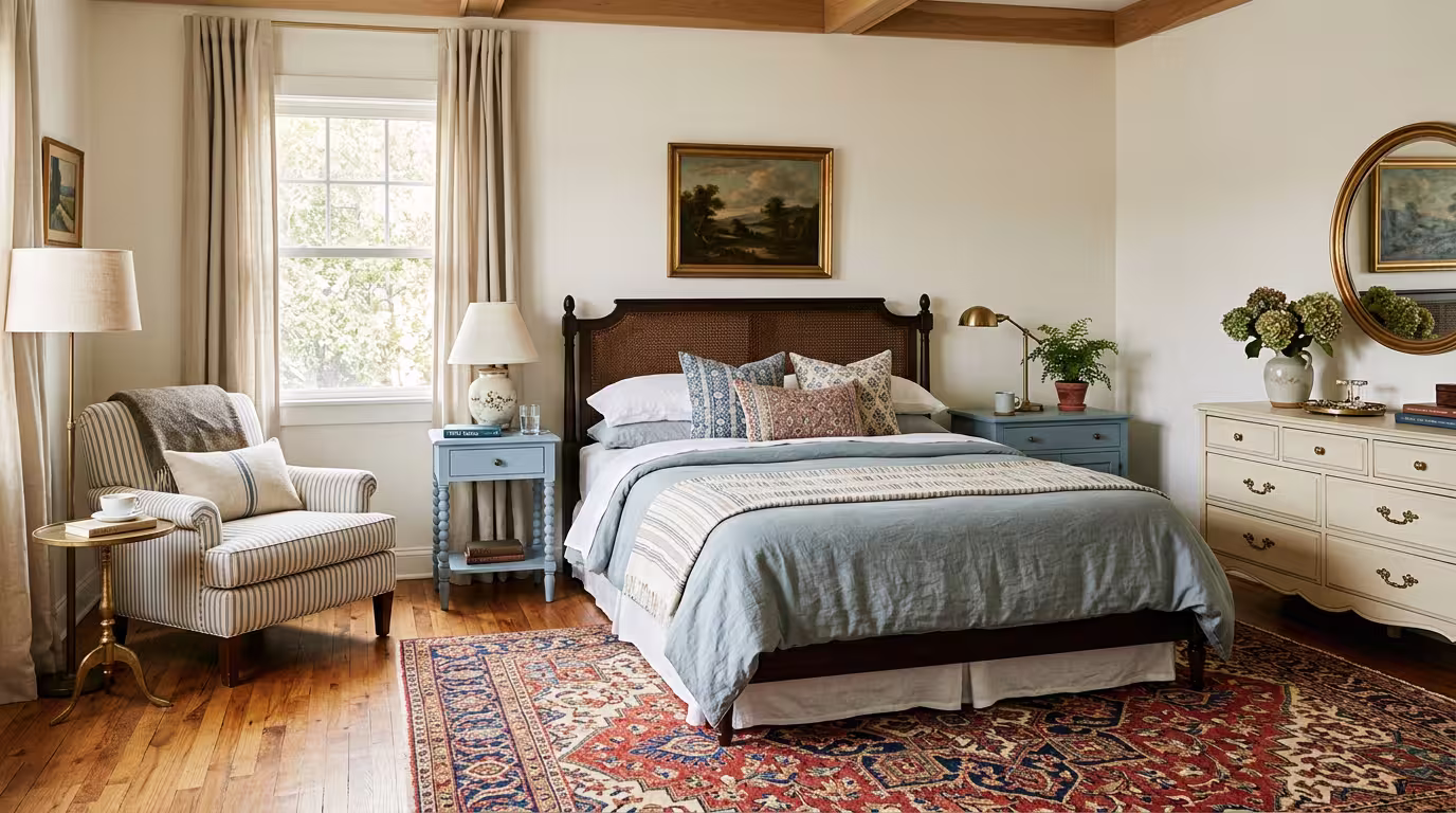 Mix and match master bedroom with dark cane bed, blue nightstands, cream dresser, and patterned rug showing eclectic furniture pairing