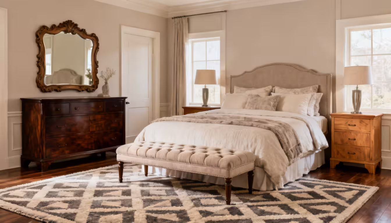 Master bedroom with upholstered bench, wooden dresser, reading chair, and coordinated lamps showcasing versatile bedroom furniture ideas