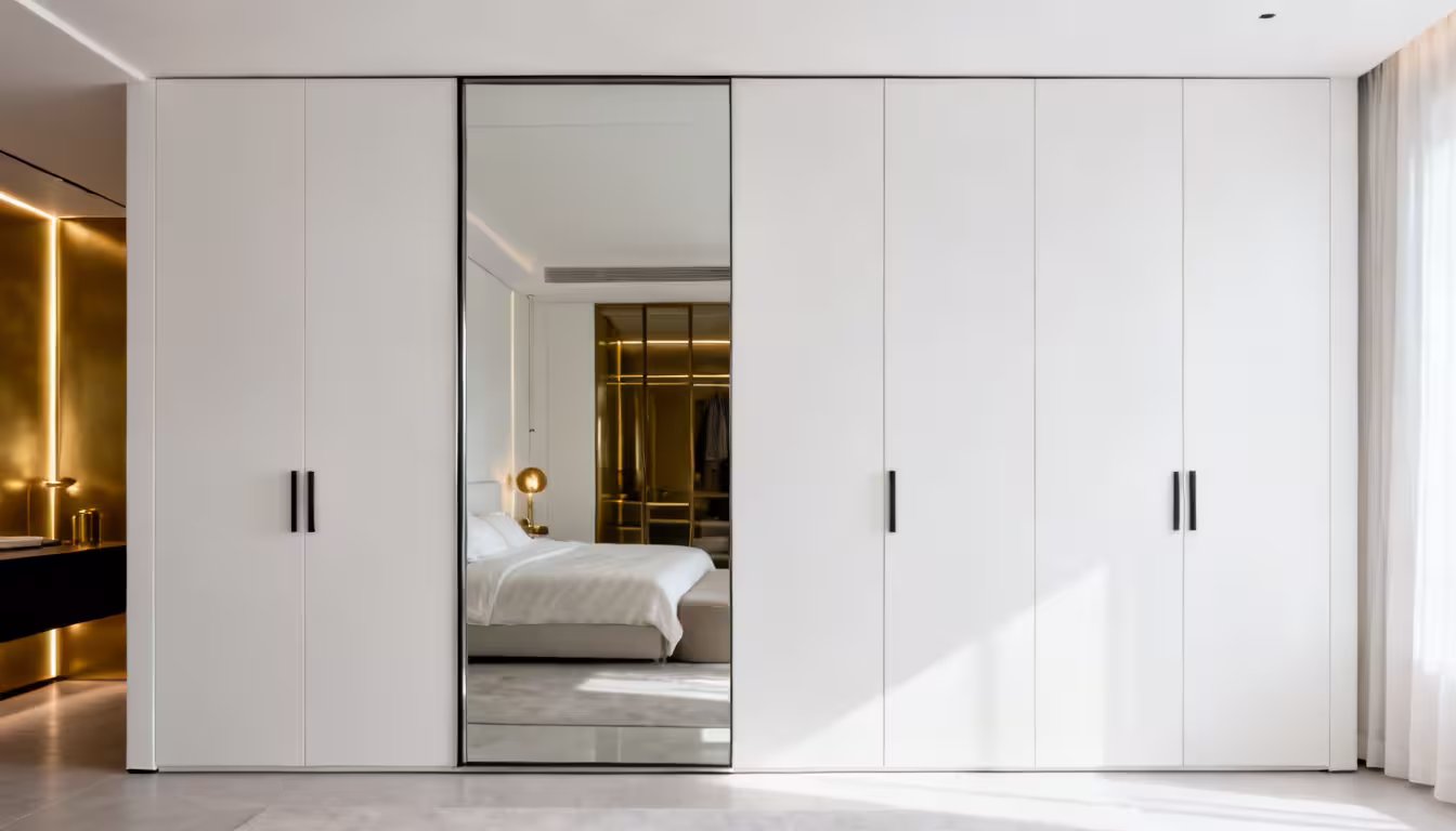 Floor-to-ceiling fitted wardrobes with mirrored sliding doors beside a master bed serving as integrated cupboard storage solution