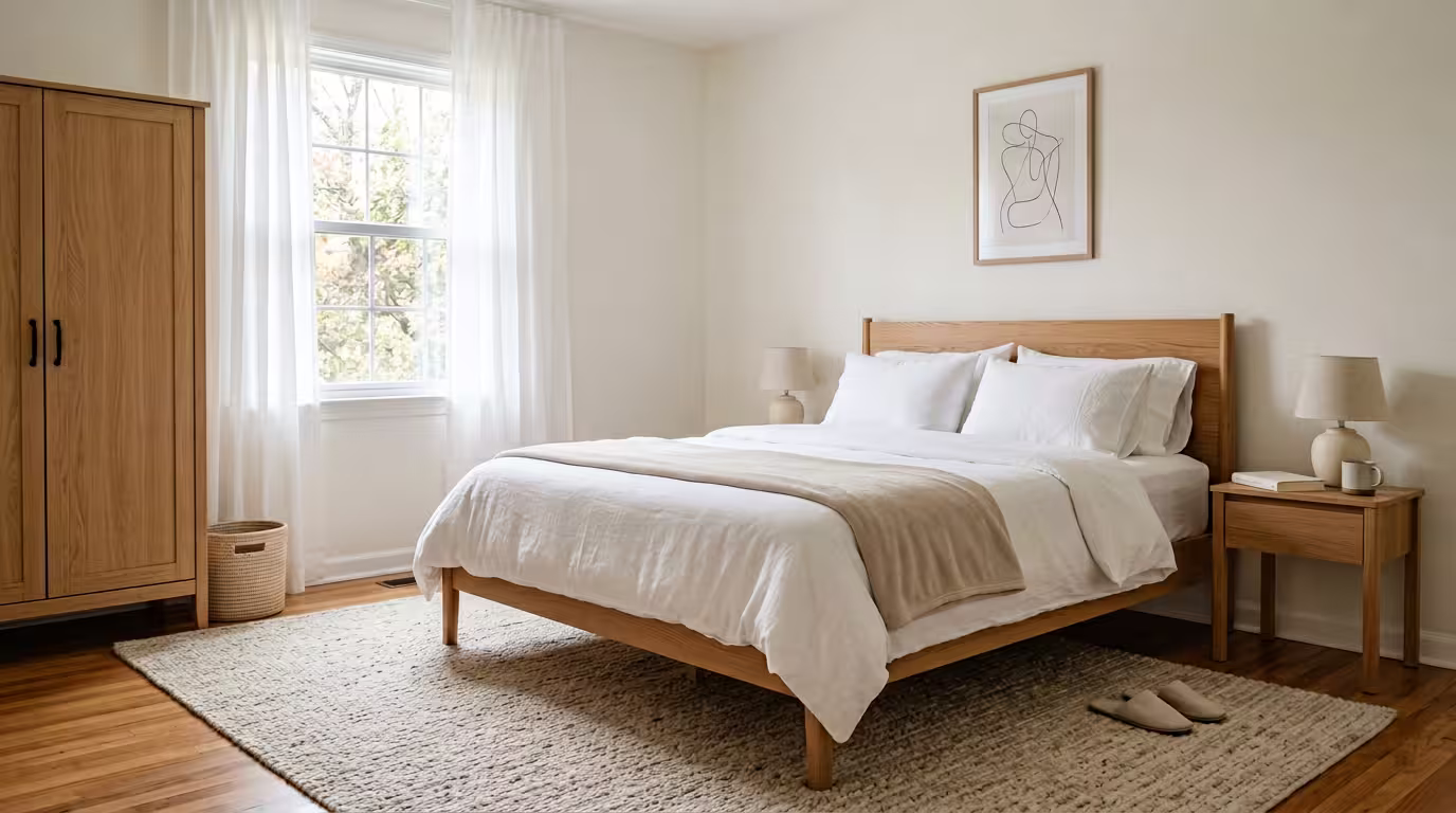 New home master bedroom essentials including bed frame, wardrobe, bedside table, and neutral rug in a clean move-in-ready setup