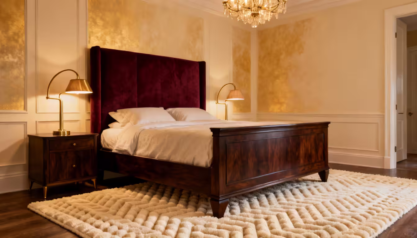 Master bedroom with dark walnut furniture, cream walls, brass lamps, and layered neutral bedding creating a sophisticated contrast