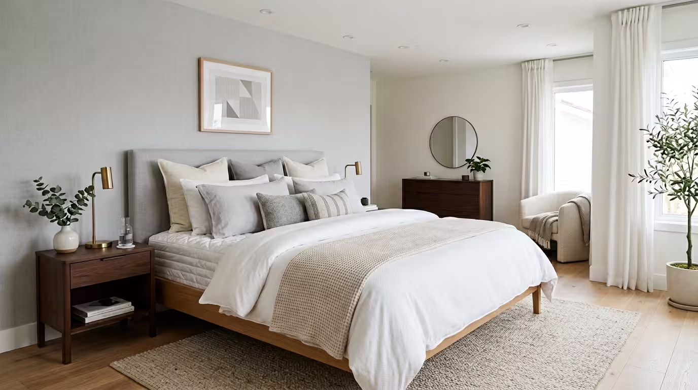 Master bedroom setup showcasing essential bedding items for a new home