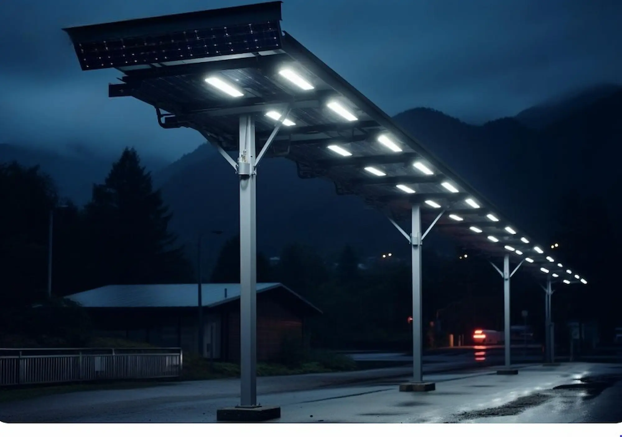 Industrial solar flood lights installed on high-mast poles illuminating a commercial parking lot at night.