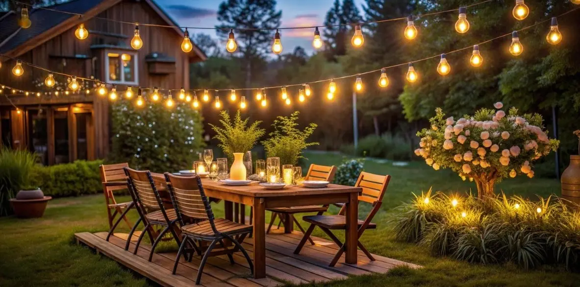 Warm white solar string lights draped over an outdoor wooden dining table in a lush backyard garden at twilight.