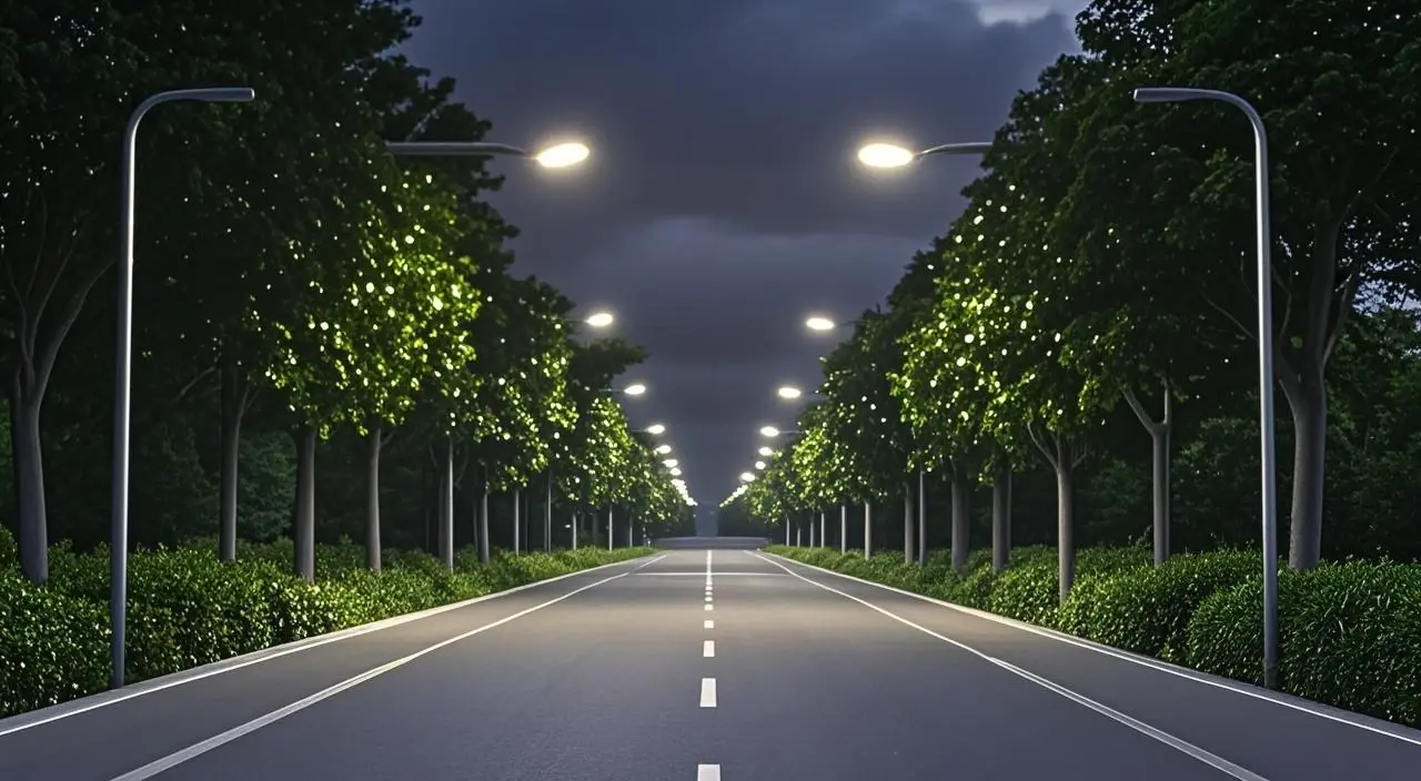 Eco-friendly solar street lights illuminating a paved road at night, with ground-mounted photovoltaic panels and curved LED poles lining a tree-filled avenue for sustainable urban infrastructure.