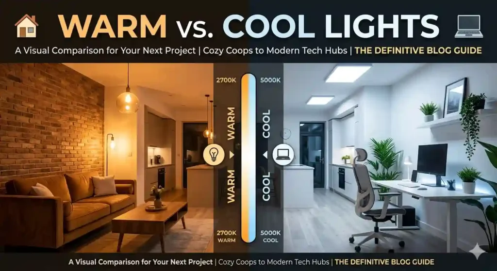 Comparison of warm and cool lighting showing yellow-toned cozy light on one side and bright white light on the other side in a living space