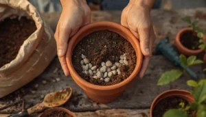 setting up drainage layer and soil in a fairy pot garden at home