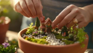 placing fairy house and accessories in a fairy pot garden at home
