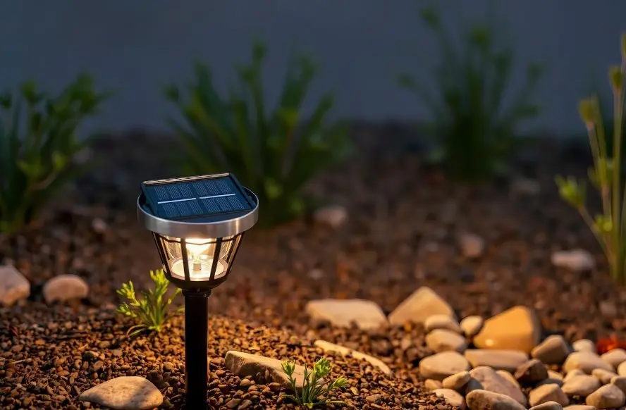 Glowing outdoor solar pathway light at night illustrating that solar light batteries are indeed rechargeable.