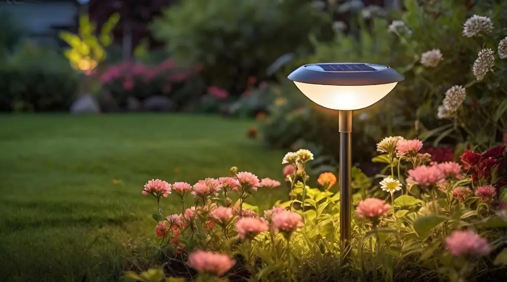 Modern solar-powered garden path light illuminating pink flowers at dusk, showing the integrated solar panel on top.